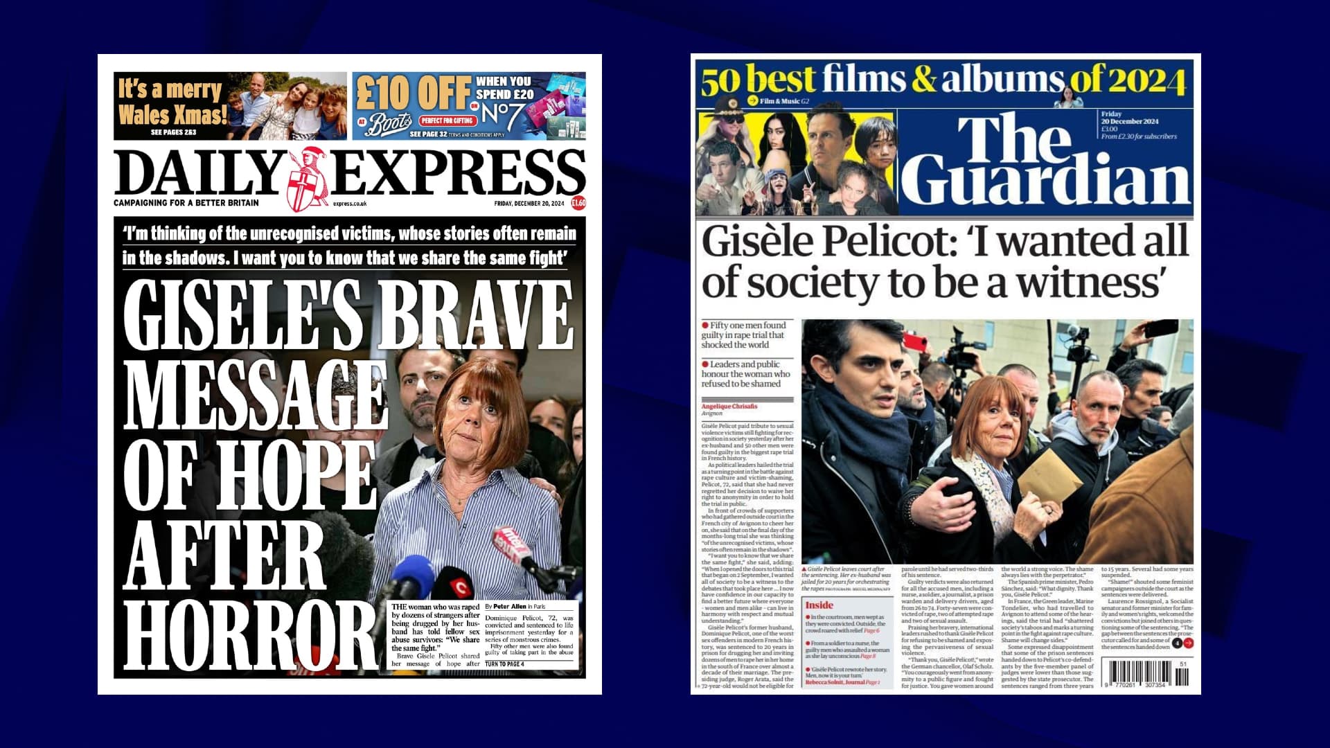Les unes du Daily Express et du Guardian datées du vendredi 20 décembre 2024