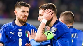 Jorginho, Ciro Immobile et Marco Verratti lors de la défaite de l'Italie contre la Macédoine du Nord, le 24 mars 2022.