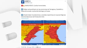 Avis d'alerte rouge du service espagnol de météorologie publié ce dimanche 28 septembre 2025