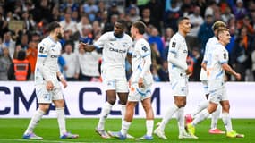 Amine Gouiri, Geoffrey Kondogbia, Quentin Merlin, Mason Greenwood et Valentin Rongier lors du match OM-Montpellier (5-1, L1), le 19 avril 2025