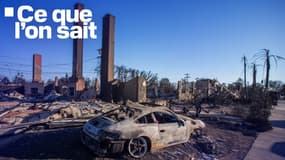 Une voiture et des maisons brûlées par les incendies dans le quartier de Pacific Palisades, à Los Angeles, le 12 janvier 2025