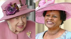 La reine Elizabeth II (à gauche) lors d'une cérémonie à Cardiff au Royaume-Uni le 14 octobre 2021, et la gouverneure générale de la Barbade, désormais cheffe de l'Etat.
