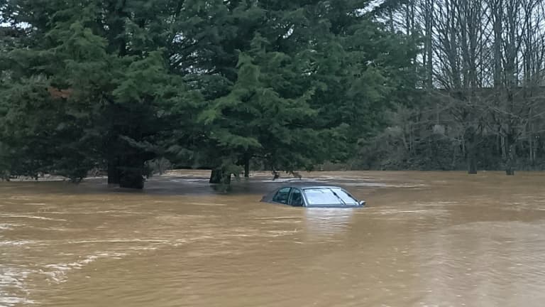 Une voiture sous les eaux après une crue de la Flume à Pace, en Ille-et-Vilaine, le 25 janvier 2025