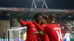 Christopher Wooh, buteur avec Rennes face au Dynamo Kiev en Ligue Europa, le 13 octobre 2022.