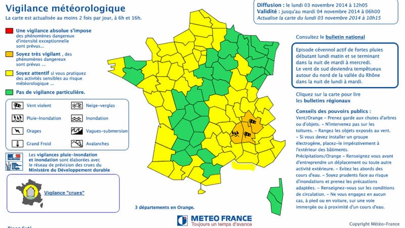 L’Ardèche, la Dôme et l’Isère ont été placés en vigilance orange par Météo France, ce lundi.