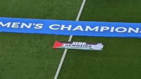 Une banderole en soutien au peuple palestinien déployée à l'entrée des joueuses lors de la Ligue des champions féminine entre Lyon et Barcelone, le 25 mai 2024
