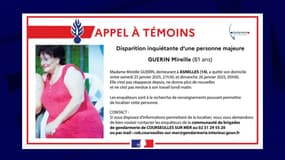 Mireille Guerin, domiciliée à Asnelles, a disparu dans la nuit du samedi 25 au dimanche 26 janvier. 
