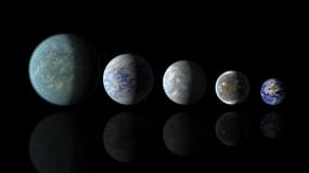 De gauche à droite, vue d'artiste de Kepler-22b, Kepler-69c, Kepler-62e, Kepler 62f et la Terre. Le télescope spatial Kepler de la Nasa a détecté deux exoplanètes situées dans une "zone habitable" par rapport à leur étoile, et donc susceptibles d'abriter