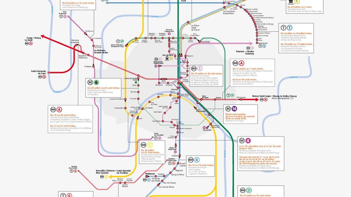 La carte des travaux dans les transports franciliens en 2020. La carte des travaux dans les transports franciliens en 2020.
