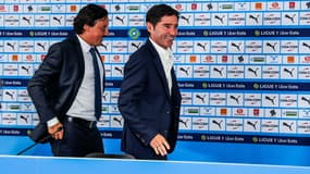 Pablo Longoria et Marcelino lors de la présentation du nouveau coach marseillais, le 04/07/2023