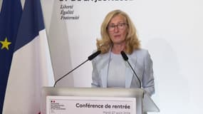 La ministre démissionnaire de l'Éducation nationale Nicole Belloubet lors de la conférence de rentrée, le 27 août 2024.