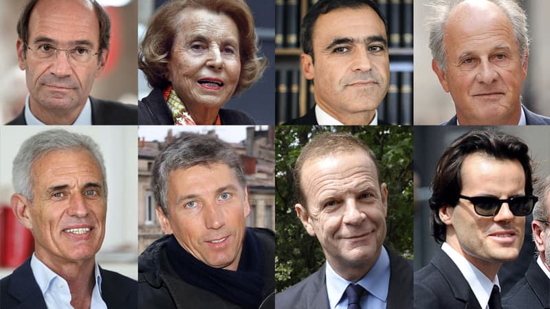 Sept des principaux protagonistes de l'Affaire Bettencourt, autour de la riche héritière de l'Oréal, Liliane (2e en haut à gauche). Dans l'ordre, Eric Woerth, Pascal Wilhelm, Patrice de Maistre, Carlos Vejarano, Stephane Courbit, Francois-Marie Banier et Martin d'Orgeval.