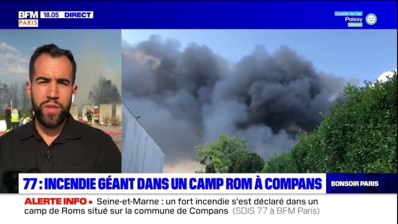 Seine-et-Marne: l'incendie au camp de Roms de Compans toujours en cours