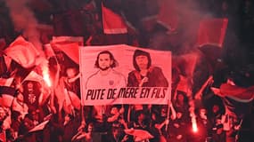 Une banderole contre Adrien Rabiot et sa mère Véronique lors de PSG-OM, le 16 mars 2025 au Parc des Princes