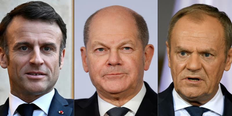 Le président français, Emmanuel Macron, le chancelier allemand, Olaf Scholz, et le Premier ministre polonais Donald Tusk