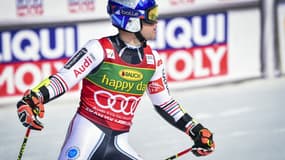Alexis Pinturault dans l'aire d'arrivée du slalom géant de Kranjska Gora, en Slovénie, le 13 mars 2021
