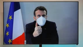 Emmanuel Macron participe, par vidéoconférence,  à la Conférence nationale humanitaire, réunie le 17 décembre au ministère des Affaires étrangères
