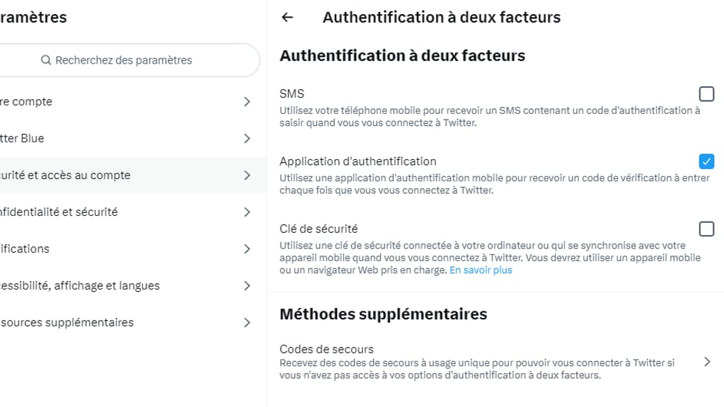 Menu d'authentification à deux facteurs sur Twitter Menu d'authentification à deux facteurs sur Twitter