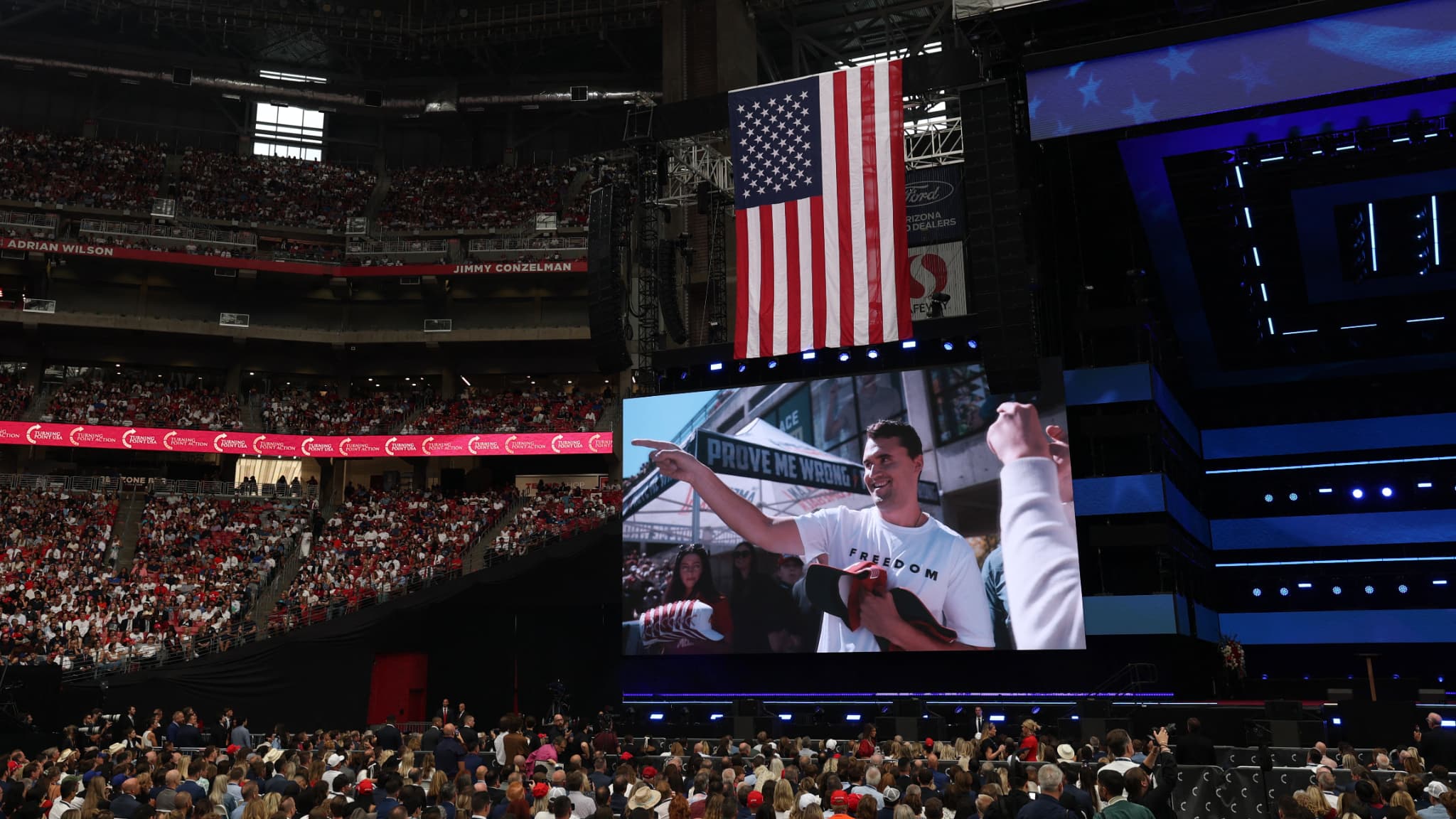 A video shows the activist of the right Charlie Kirk during the commemorative ceremony in his honor in Glendale, Arizona, September 21, 2025. 