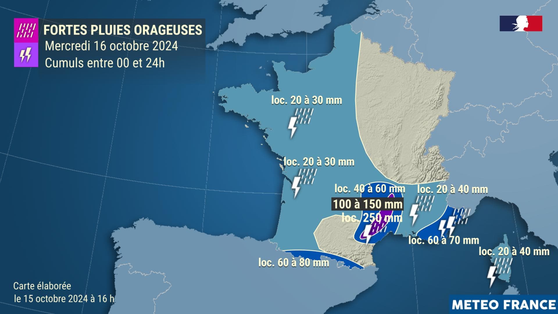 Météo-France prévoit de fortes pluies dans le sud du pays ce mercredi 16 octobre 2024