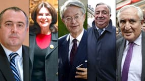 Didier Guillaume, Nathalie Goulet, Philippe Marini, Gérard Larcher et Jean-Pierre Raffarin, l es cinq candidats à la présidence du Sénat.