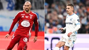 Ludovic Ajorque et Valentin Rongier lors du match de Ligue 1 entre l'OM et Brest -le 27/04/2025