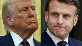 Photomontage réalisé le 20 février 2025 montrant les présidents américain Donald Trump et français Emmanuel Macron