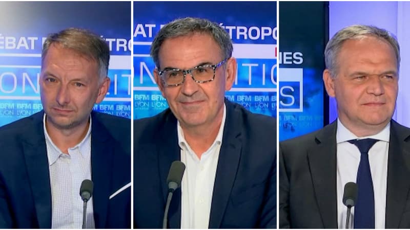 Bruno Bernard, David Kimelfeld, François-Noël Buffet sur le plateau de BFM Lyon.