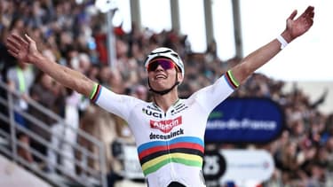 Le Néerlandais Mathieu van der Poel, vainqueur de Paris-Roubaix pour la deuxième année consécutive, le 7 avril 2024