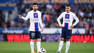 Lionel Messi et Marco Verratti lors de Strasbourg-PSG (1-1, 37e journée de Ligue 1), le 27 mai 2023