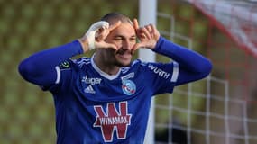Le buteur strasbourgeois Ludovic Ajorque après son penalty transformé contre l'AS Monaco au stade Louis II, le 28 novembre 2021 