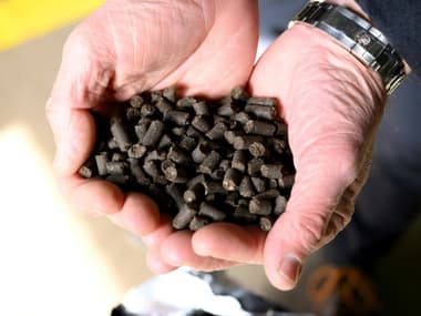 Des granulés d'un engrais produit par l'entreprise OvinAlp, près de Sisteron, le 30 janvier 2023 dans le sud de la France
