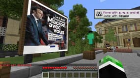Une affiche sur le serveur Minecraft de la campagne d'Emmanuel Macron.