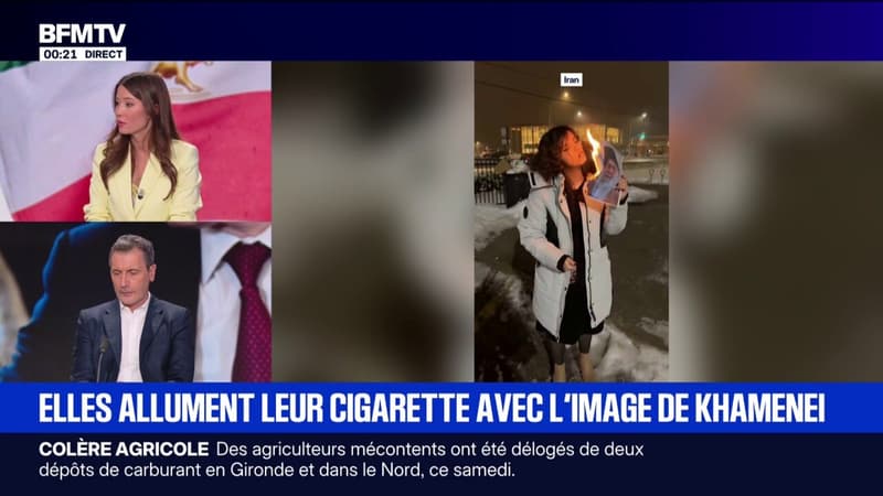 Révolte en Iran: des femmes allument leur cigarette avec l'image d'Ali Khamenei