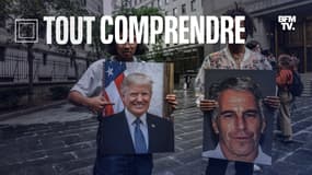 Un groupe de protestation appelé "Hot Mess" brandit des pancartes de Jeffrey Epstein devant le palais de justice fédéral le 8 juillet 2019 à New York