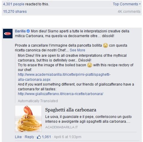 Barilla se dédouane sur le groupe Facebook "Sai cosa mangi?". Barilla se dédouane sur le groupe Facebook "Sai cosa mangi?".