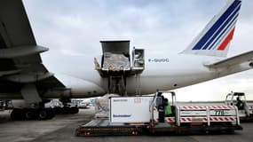 Chargement d'un conteneur pharmaceutique dans un avion cargo d'Air France, le 25 novembre 2020 à l'aéroport de Roissy