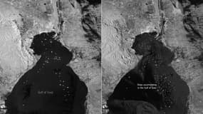 Sur la photo de droite, on peut voir le canal de Suez quelques jours après son blocage.