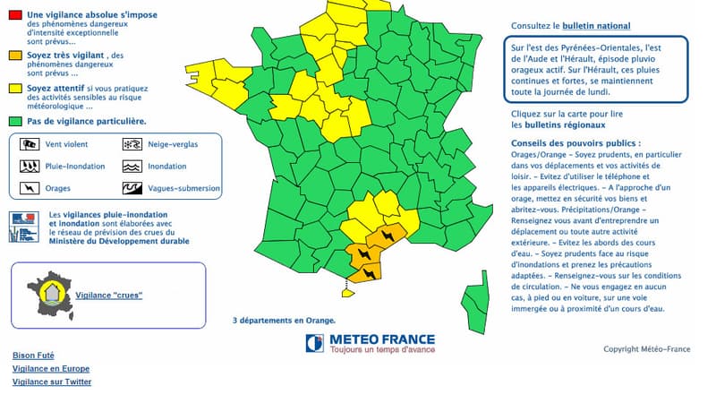 Trois départements du sud, l'Hérault, l'Aude et les Pyrénées orientales, ont été placés en vigilance orange aux pluies orageuses par Météo France. 