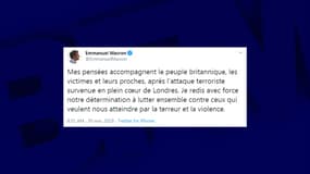 Le tweet d'Emmanuel Macron, au lendemain de l'attaque terroriste qui a endeuillé Londres, le 29 novembre 2019.