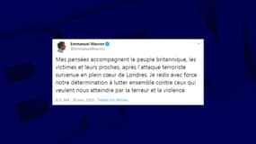 Le tweet d'Emmanuel Macron, au lendemain de l'attaque terroriste qui a endeuillé Londres, le 29 novembre 2019.