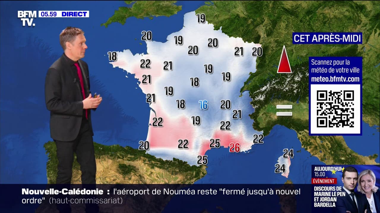 Les températures maximales seront comprises entre 20 et 22 degrés des Pays de la Loire au Grand Est en passant par la région parisienne, et sur l'ouest de l'Aquitaine et en Occitanie. 
