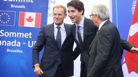 Donald Tusk, Justin Trudeau et Jean-Claude Junker en 2016 à Bruxelles (Photo d'illustration) - Belga Nicolas Maeterlink