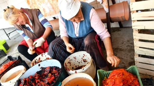 Des femmes pèlent les poivrons qui ont été cuits pour préparer l'ajvar, le 24 septembre 2017 à Ljetovik
