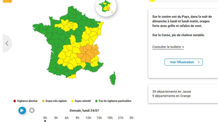 Carte des alertes Météo-France pour le lundi 24 juillet 2023