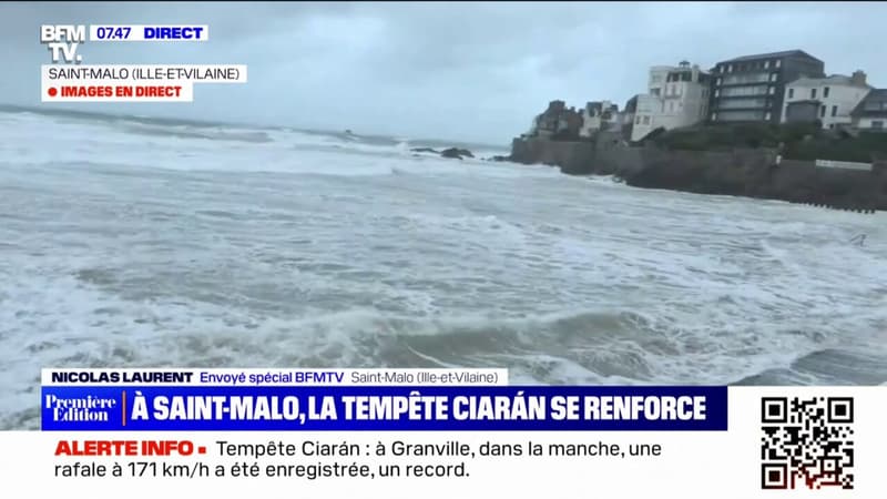 Tempête Ciaran: une mer très agitée filmée à Saint-Malo