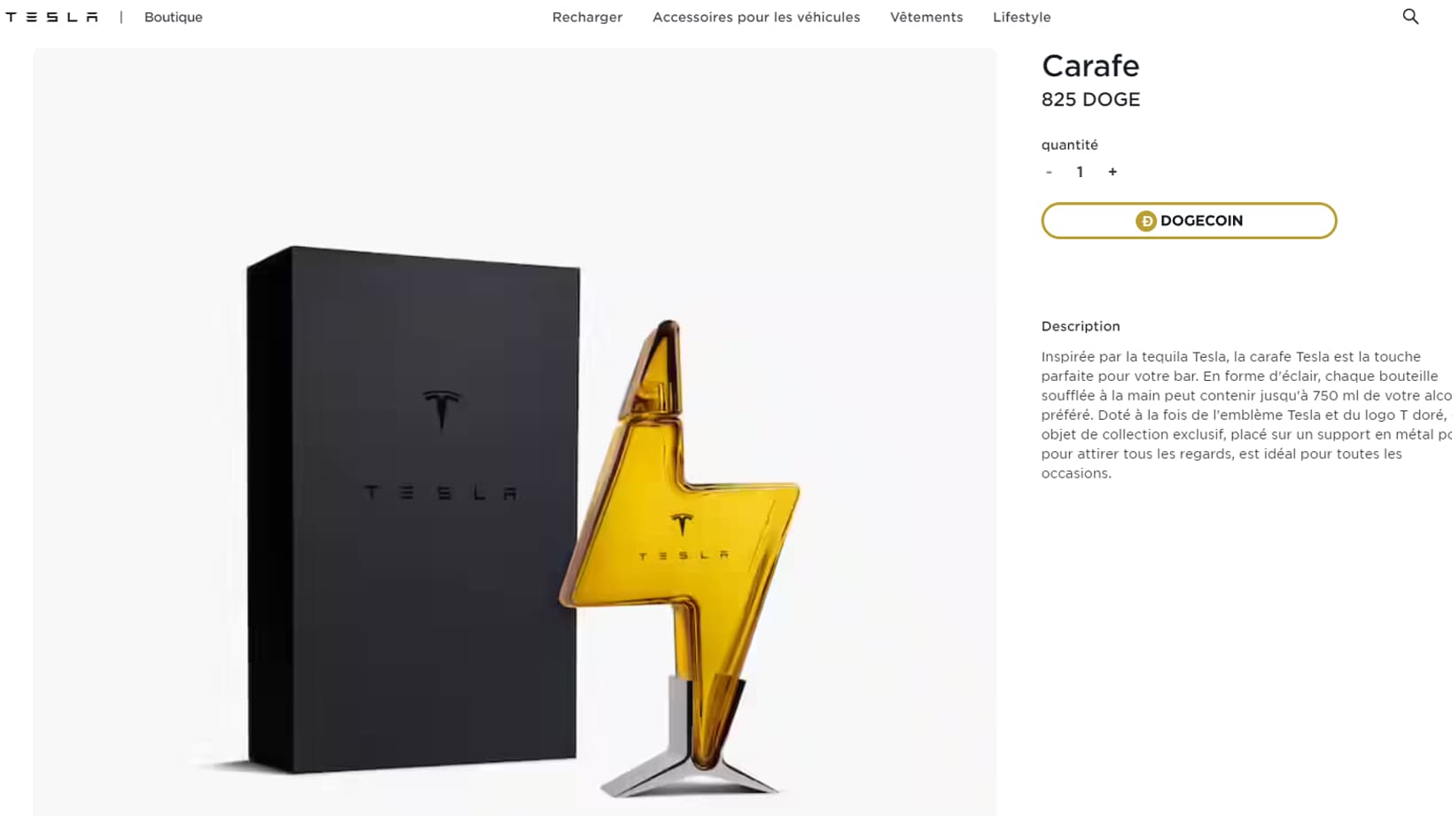 Cette bouteille de Tequila peut être achetée sur la boutique en ligne française de Tesla au prix de 825 Doge, soit 140 euros avec le taux de conversion du 14 janvier 2022. Cette bouteille de Tequila peut être achetée sur la boutique en ligne française de Tesla au prix de 825 Doge, soit 140 euros avec le taux de conversion du 14 janvier 2022.