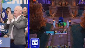 Diffusé sur la chaîne Twitch de Kamala Harris mercredi 9 octobre 2024, ce stream mêle le meeting de Tim Walz (à gauche) à une séquence de jeu sur World of Warcraft (à droite). 
