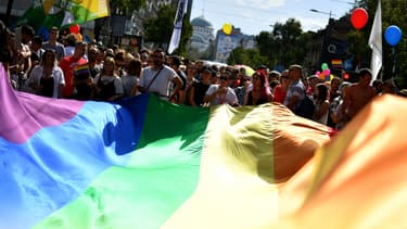 Des participants à la Gay Pride de Belgrade transportent un drapeau arc-en-ciel, le 17 septembre 2017.