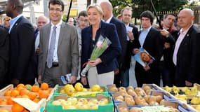Marine Le Pen sur un marché de Nice. La candidate du Front national, créditée de 15 à 16% dans les sondages, estime que sa présence au second tour de la présidentielle est toujours "crédible" et n'exclut pas un décrochage du candidat socialiste François H